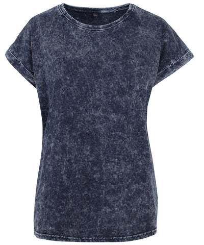 Womens acid washed extended shoulder tee | indigo/white