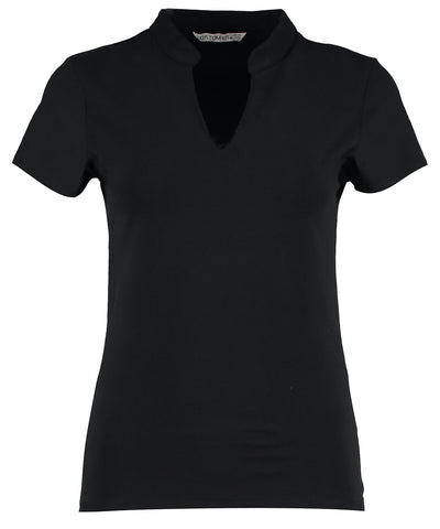 Womens corporate short-sleeved top v-neck mandarin collar (regular fit) | black