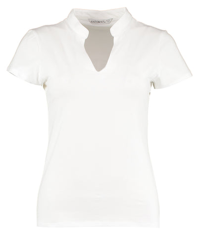 Womens corporate short-sleeved top v-neck mandarin collar (regular fit) | white