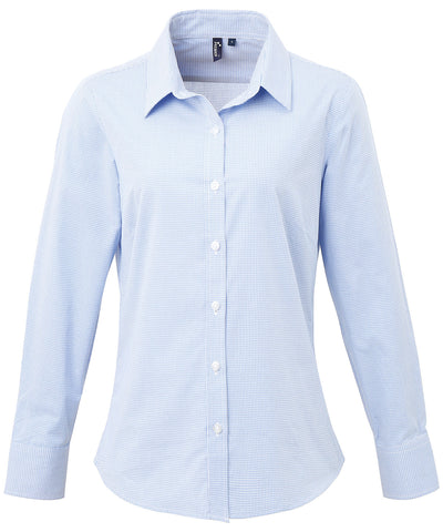 Womens Microcheck (Gingham) long sleeve cotton shirt | light blue/white