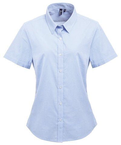 Womens Microcheck (Gingham) short sleeve cotton shirt | light blue/white