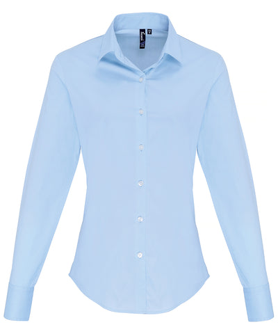 Womens stretch fit cotton poplin long sleeve blouse | pale blue