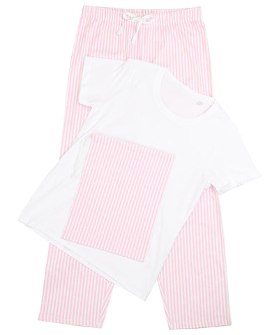 Womens long pant pyjama set (in a bag) | white/pink/white stripe