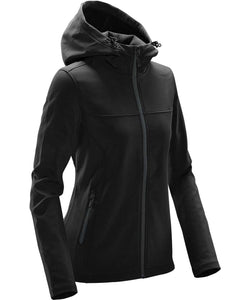 Womens Orbiter softshell hoodie | Black/Dolphin