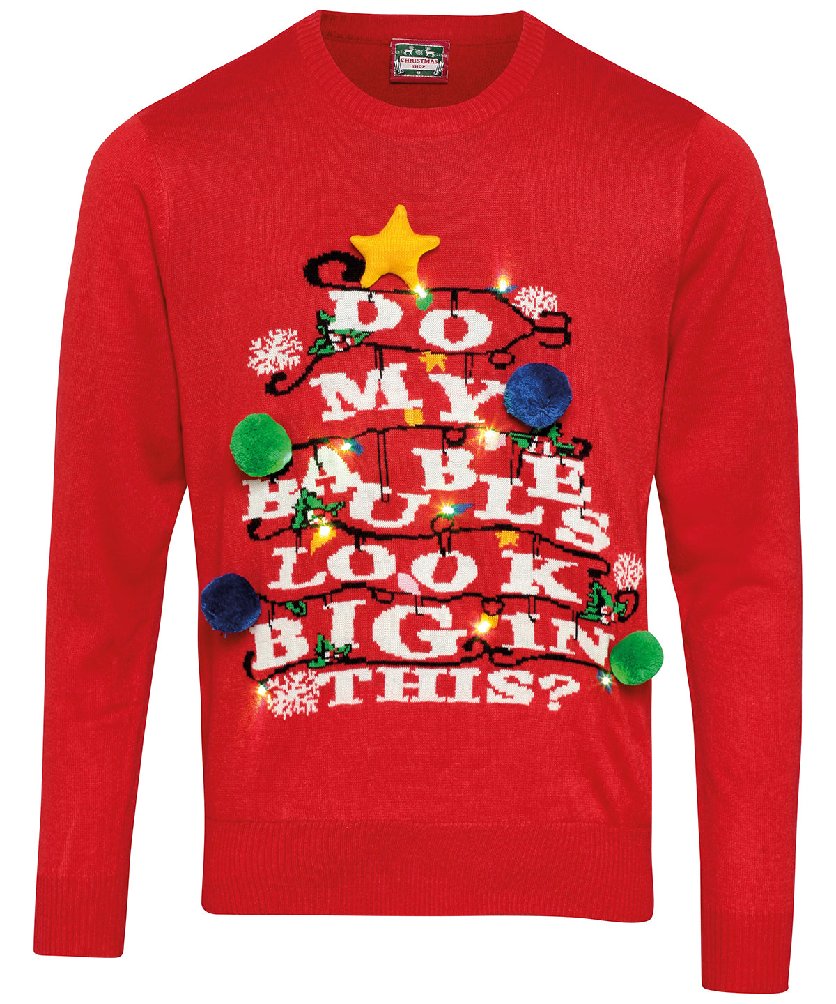 CS036 The Christmas Shop Red Adults 3D 'Do my Baubles Look Big in This?' Light Up Jumper