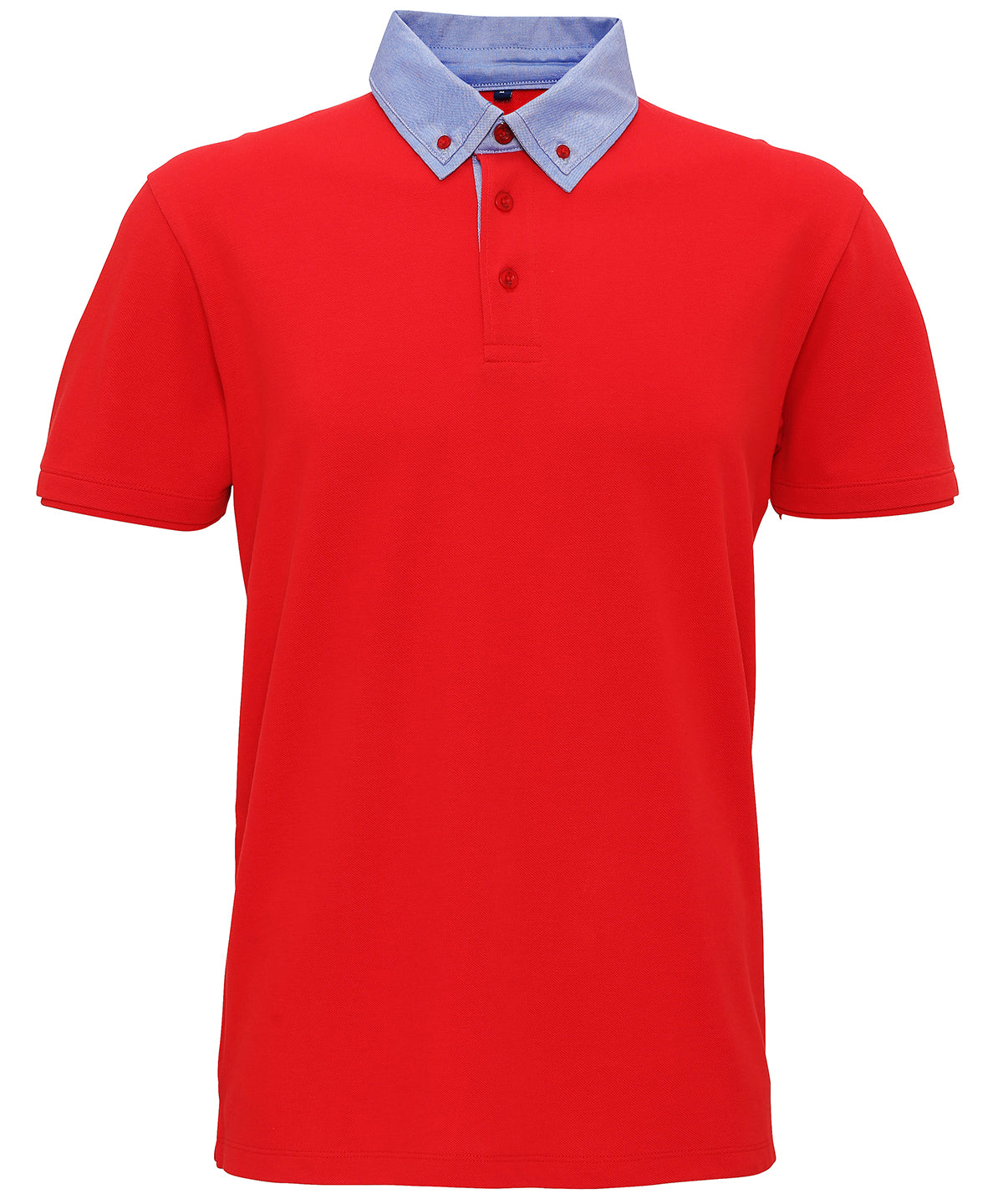 Mens chambray button-down collar polo | Red/Denim