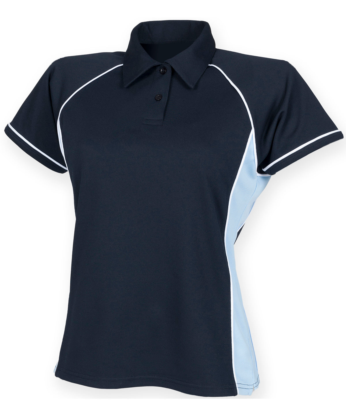 Womens piped performance polo | navy/sky/white