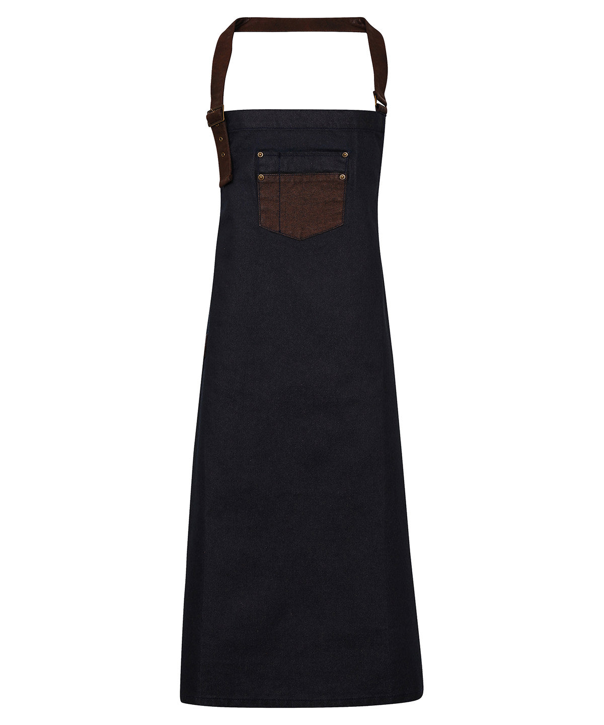 Division waxed-look denim bib apron with faux leather | indigo/brown denim