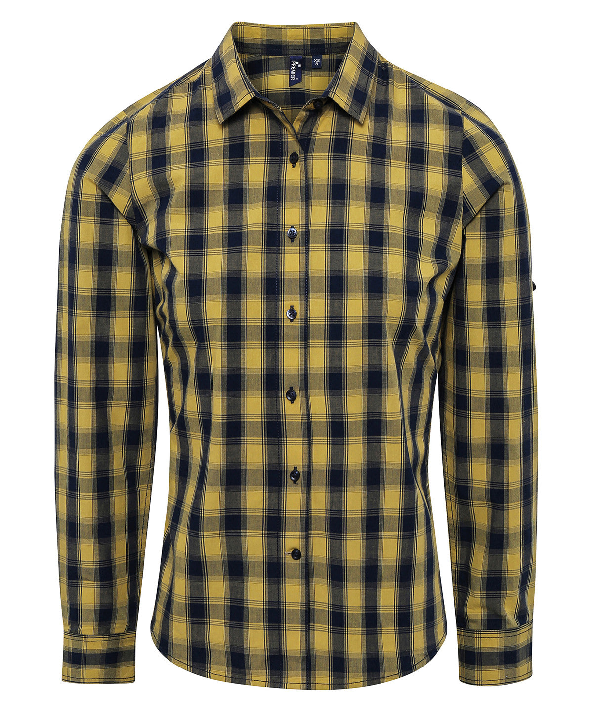 Womens Mulligan check cotton long sleeve shirt | Camel/Navy