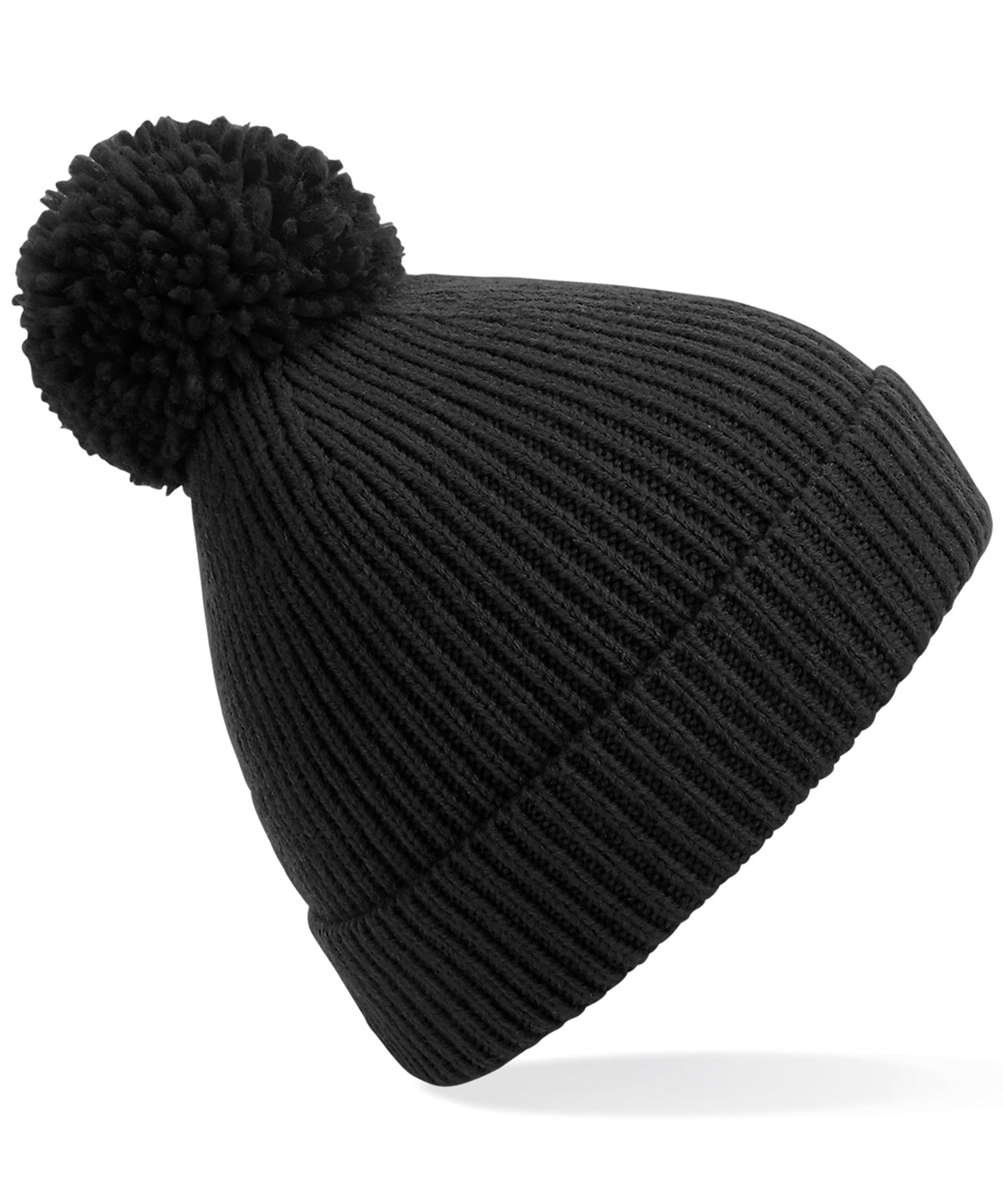 Engineered knit ribbed pom pom beanie | Black