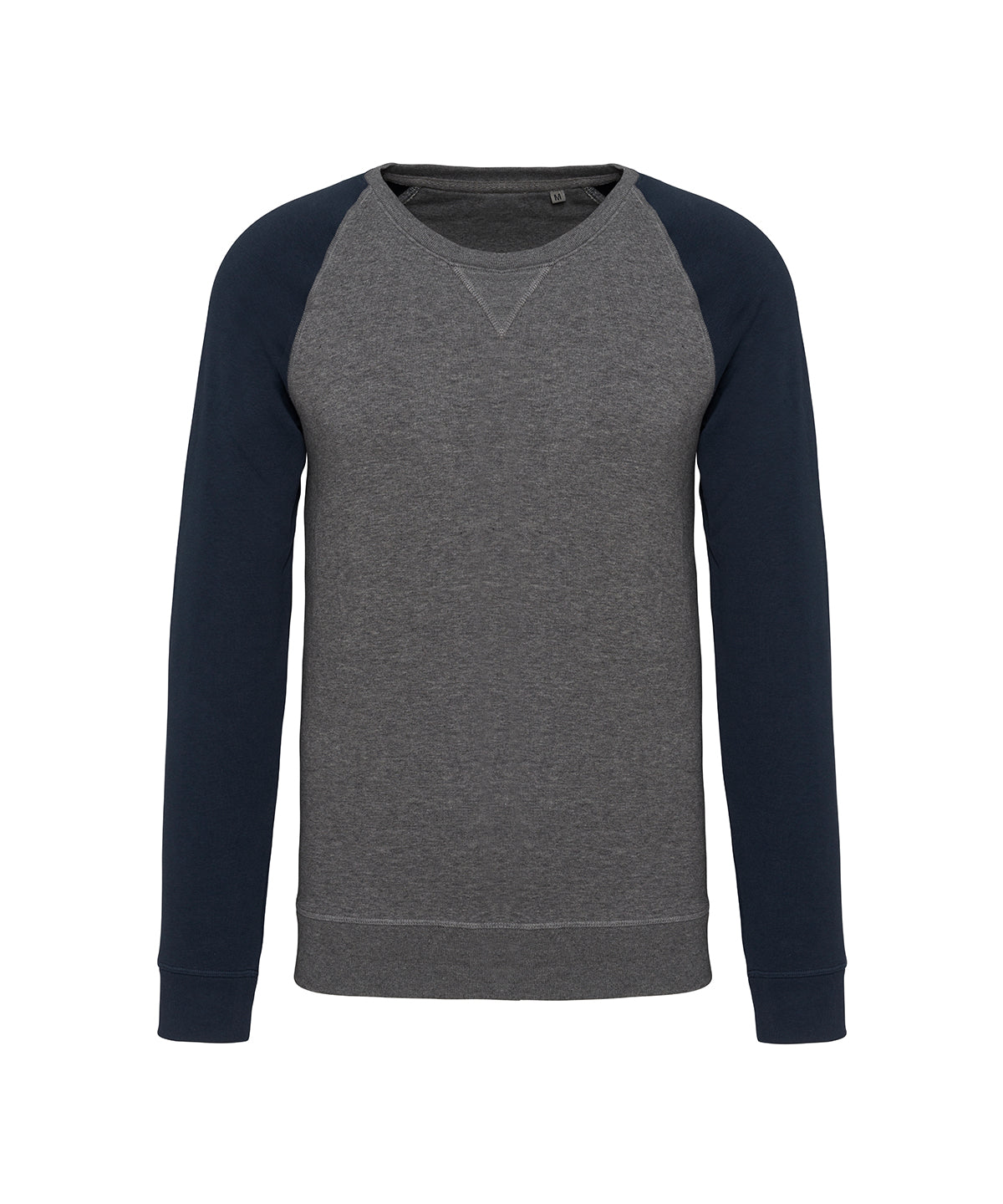 Mens two-tone organic crew neck raglan sleeve sweatshirt | Grey Heather/Navy