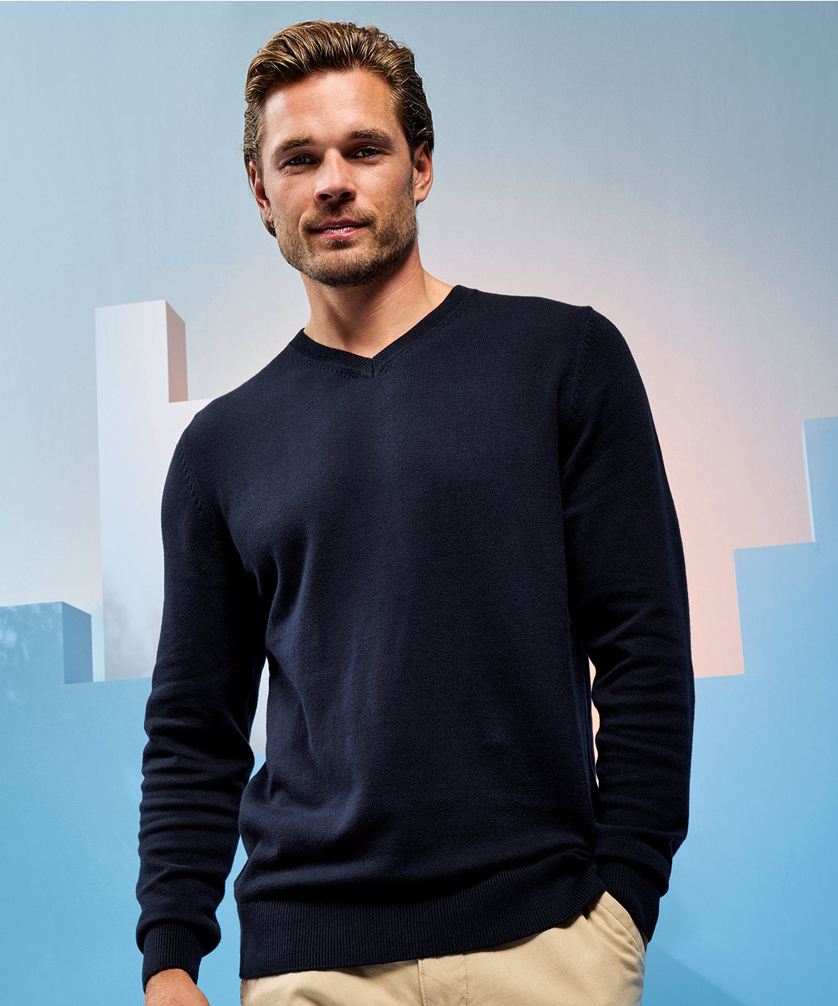 Mens cotton blend v-neck sweater | french navy