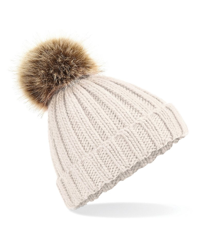 Fur pop pom chunky beanie | oatmeal