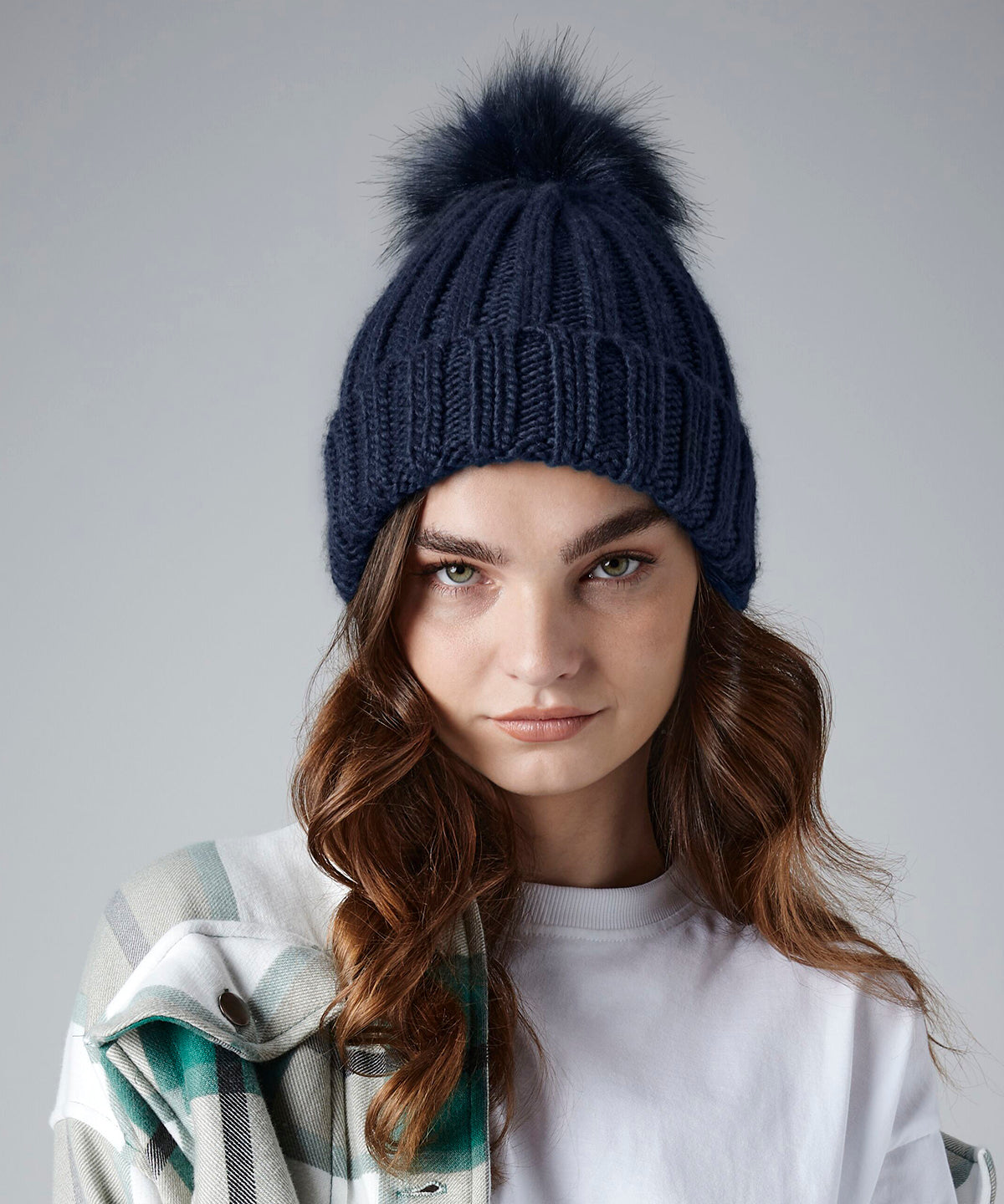Verbier fur pop pom chunky beanie | navy