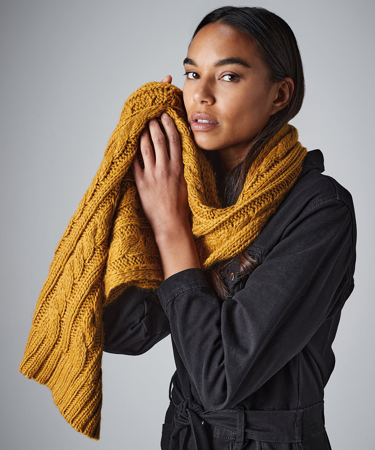 Cable knit melange scarf | Mustard