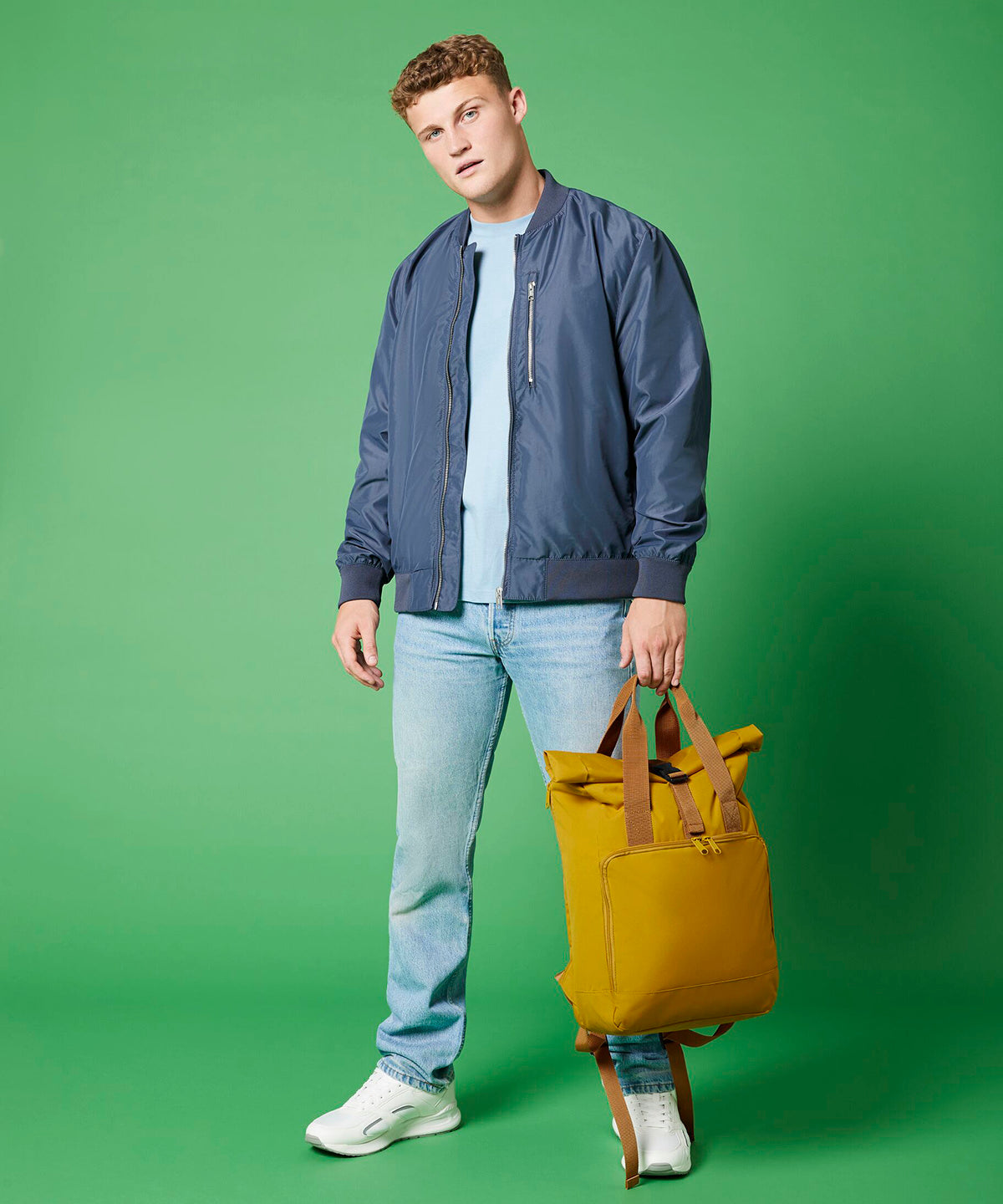 Recycled twin handle roll-top laptop backpack | mustard