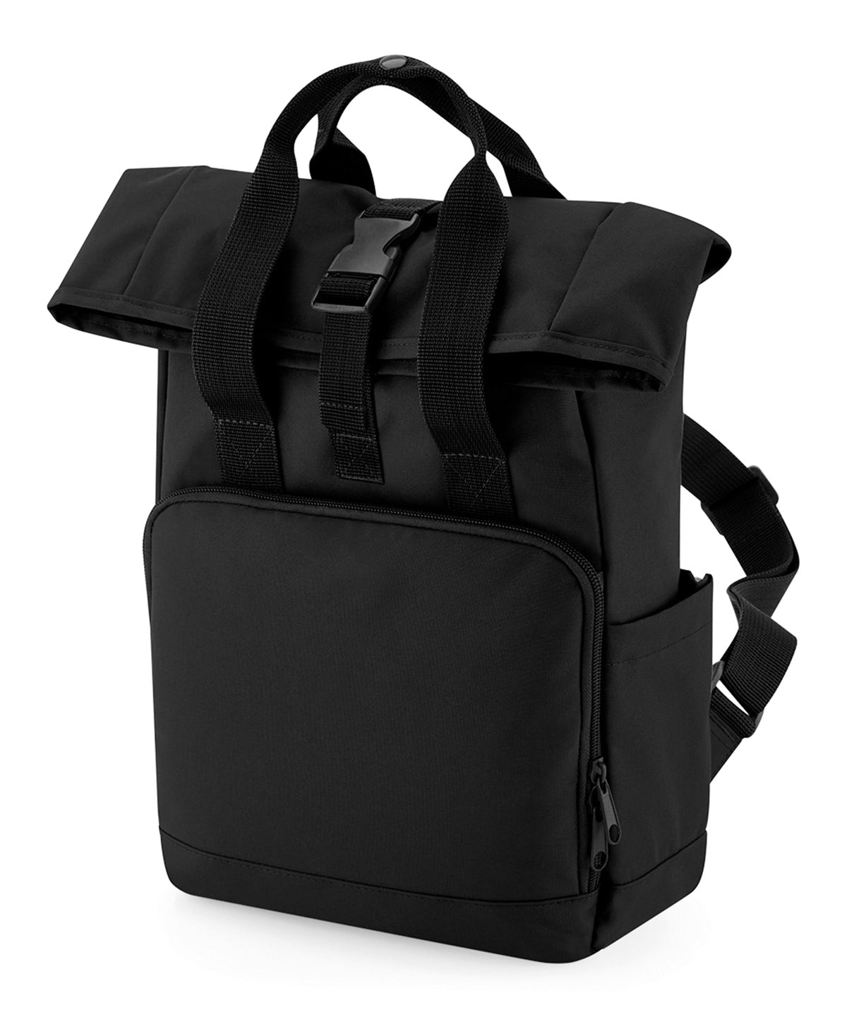 Recycled mini twin handle roll-top backpack | Black