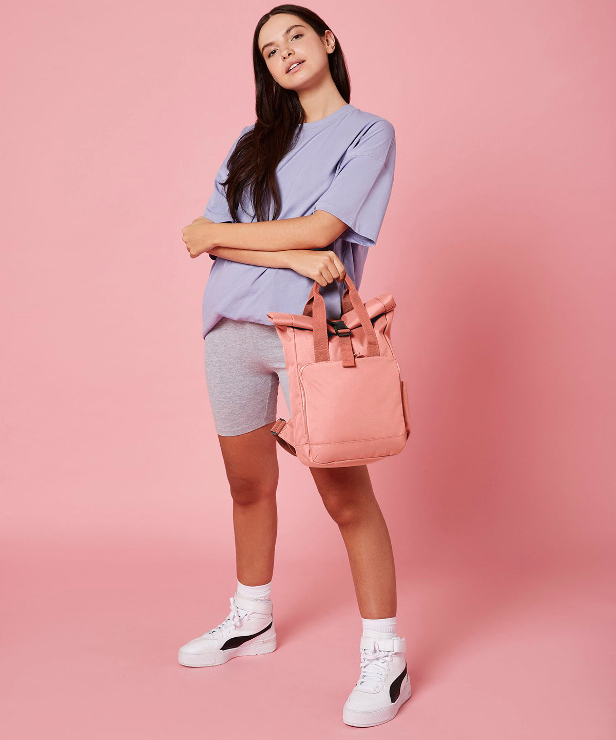 Recycled mini twin handle roll-top backpack | black