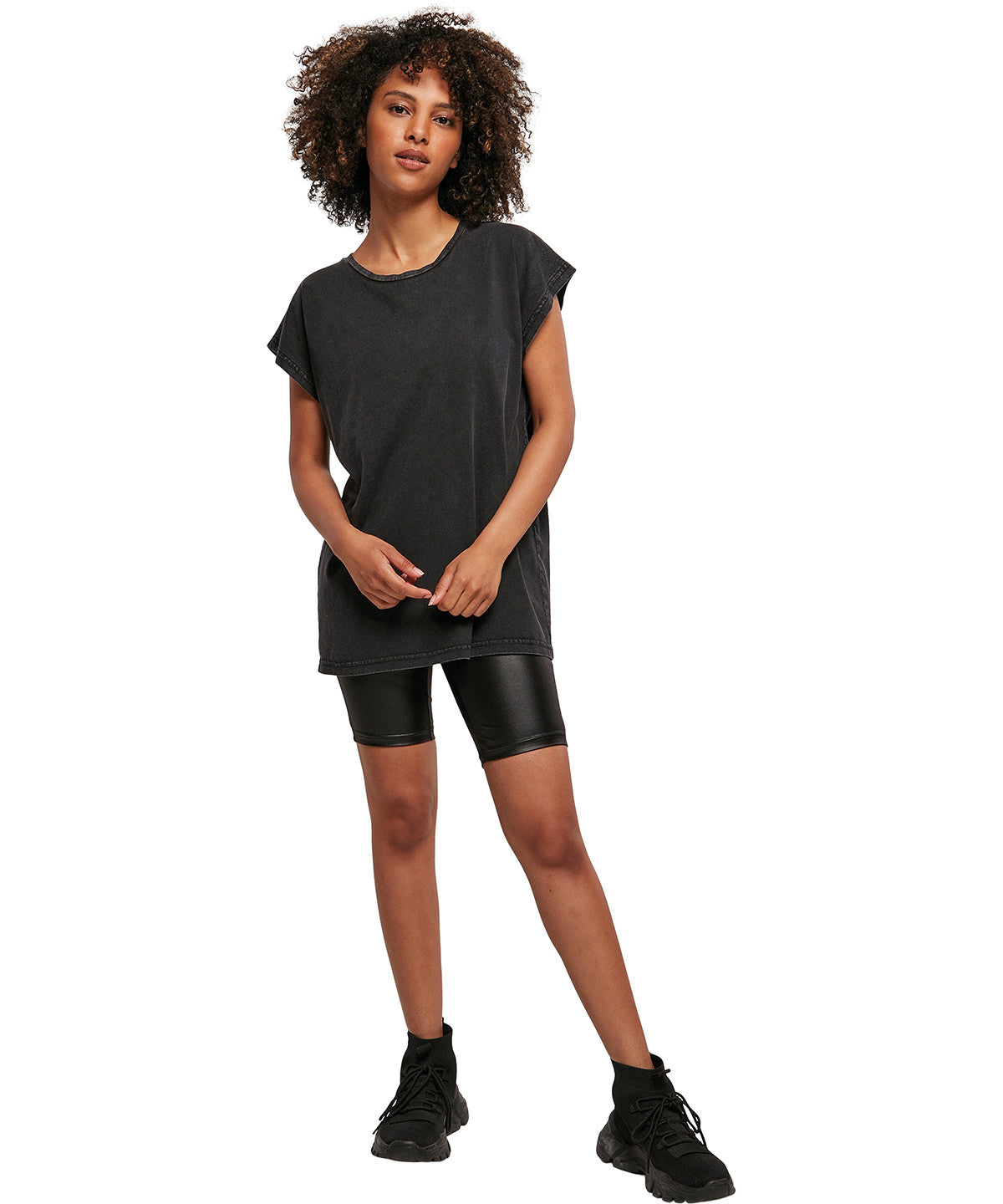 Womens acid washed extended shoulder tee | black