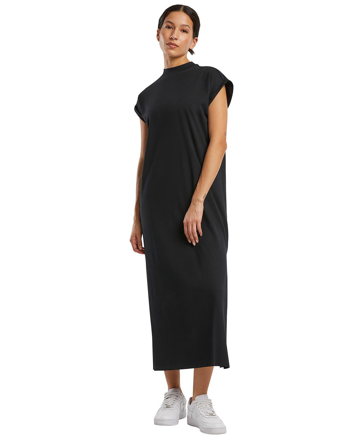 Womens long extended shoulder dress | black