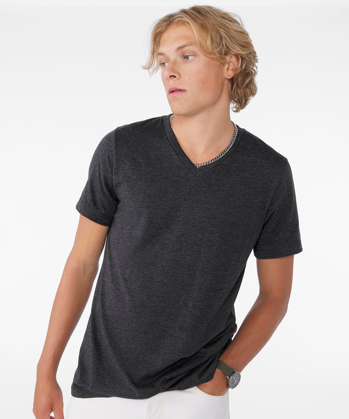 Unisex heather CVC short sleeve v-neck tee | dark grey heather