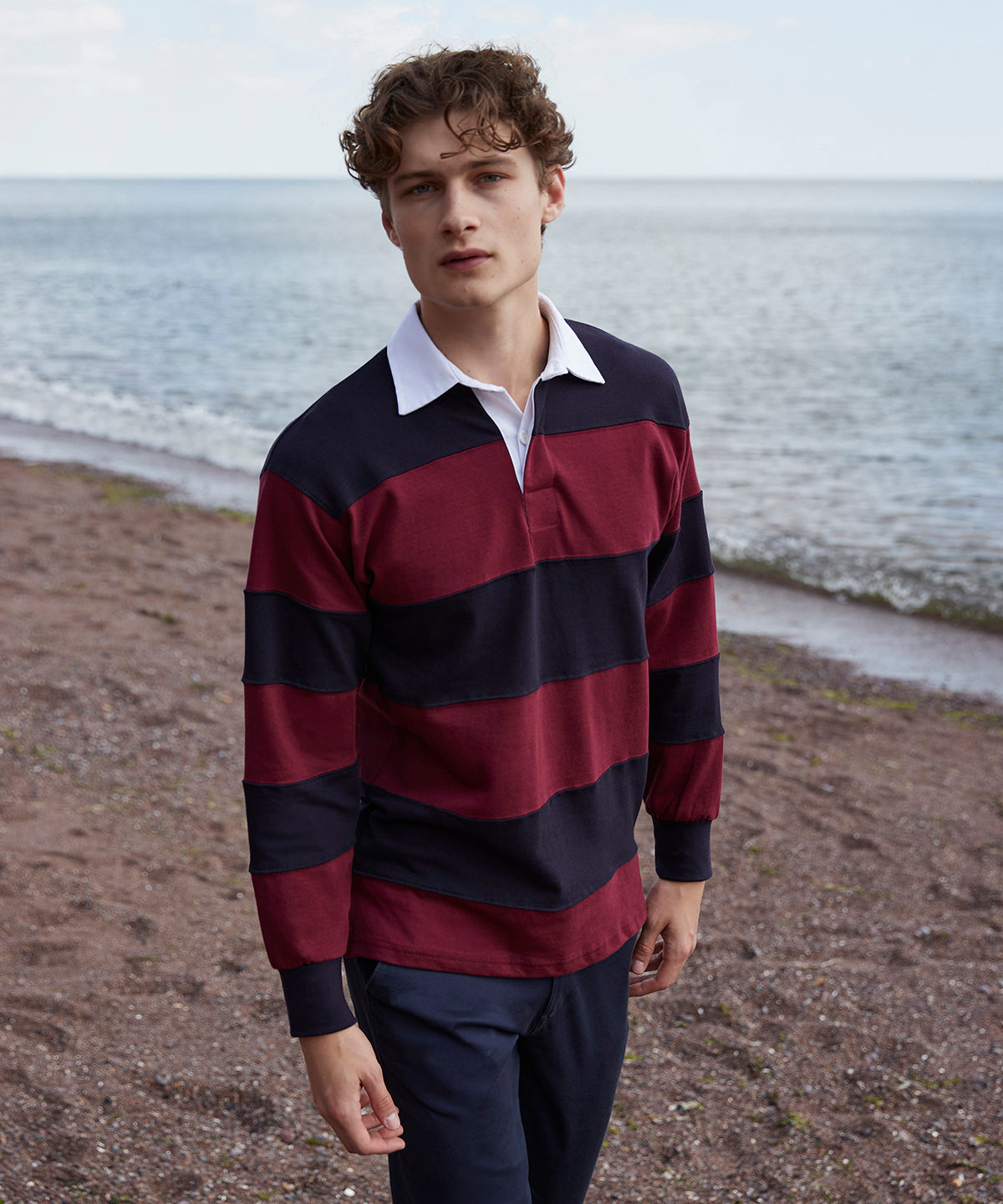 Sewn stripe long sleeve rugby shirt | white  navy (white collar)