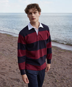 Sewn stripe long sleeve rugby shirt | burgundy/navy
