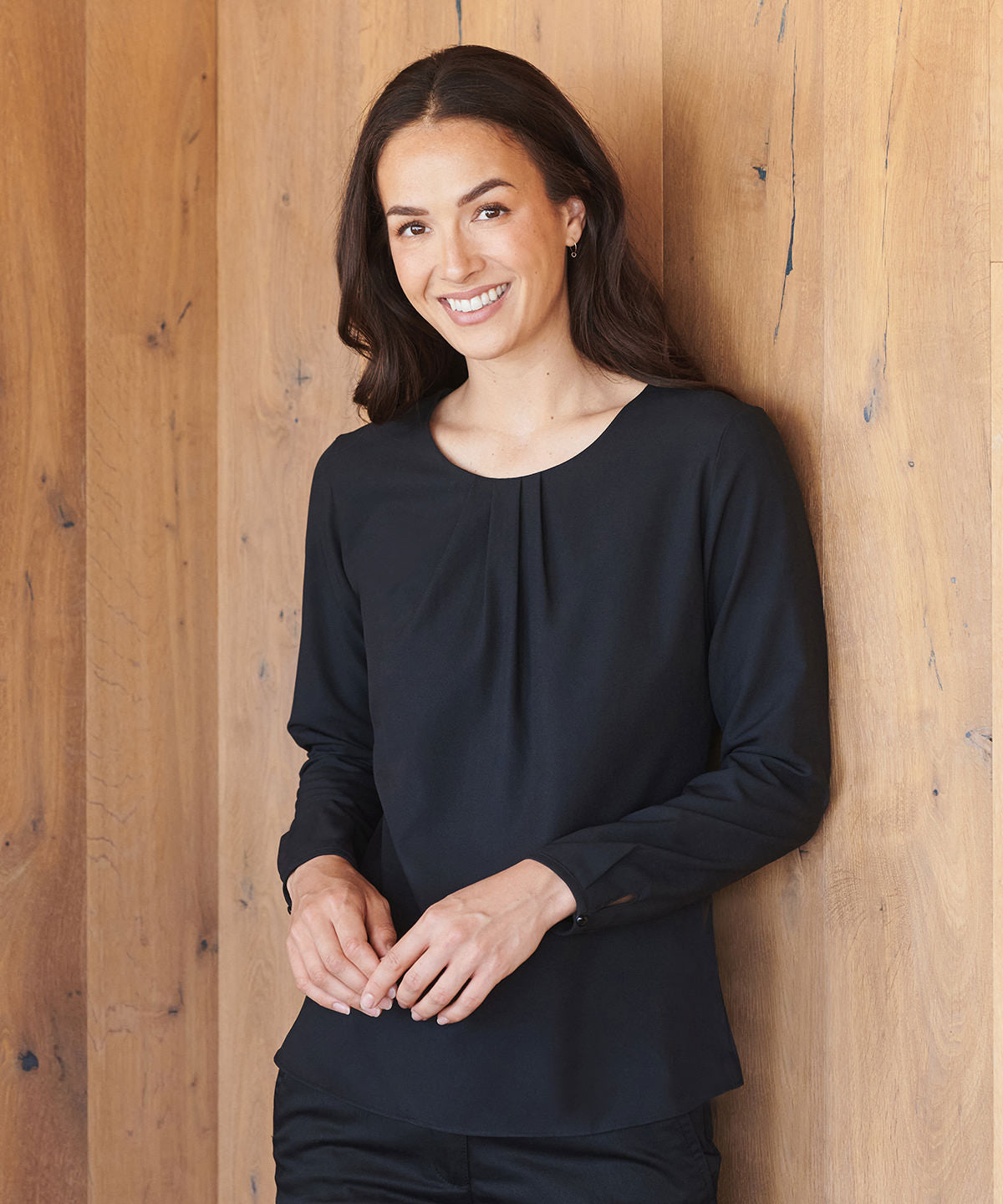 Womens pleat front long sleeve blouse | black