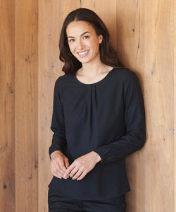 Womens pleat front long sleeve blouse | black