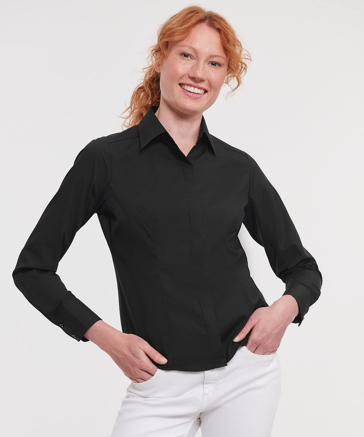 Womens long sleeve polycotton easycare fitted poplin shirt | black