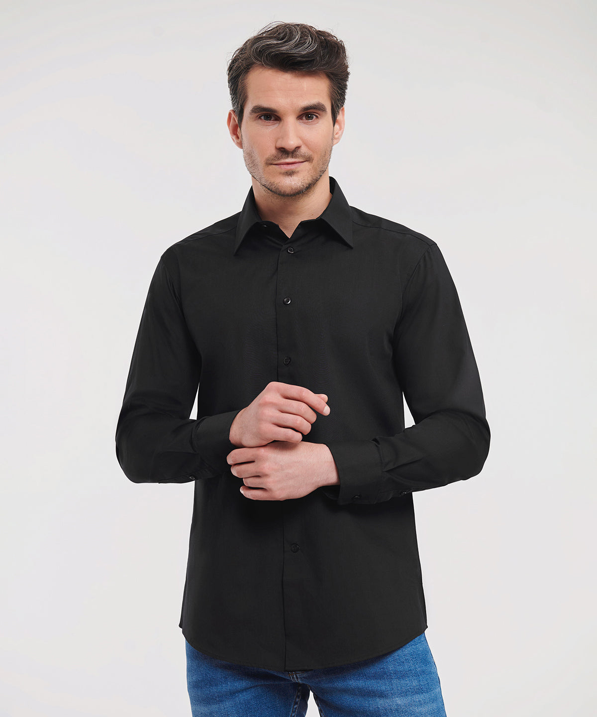Long sleeve polycotton easycare fitted poplin shirt | black