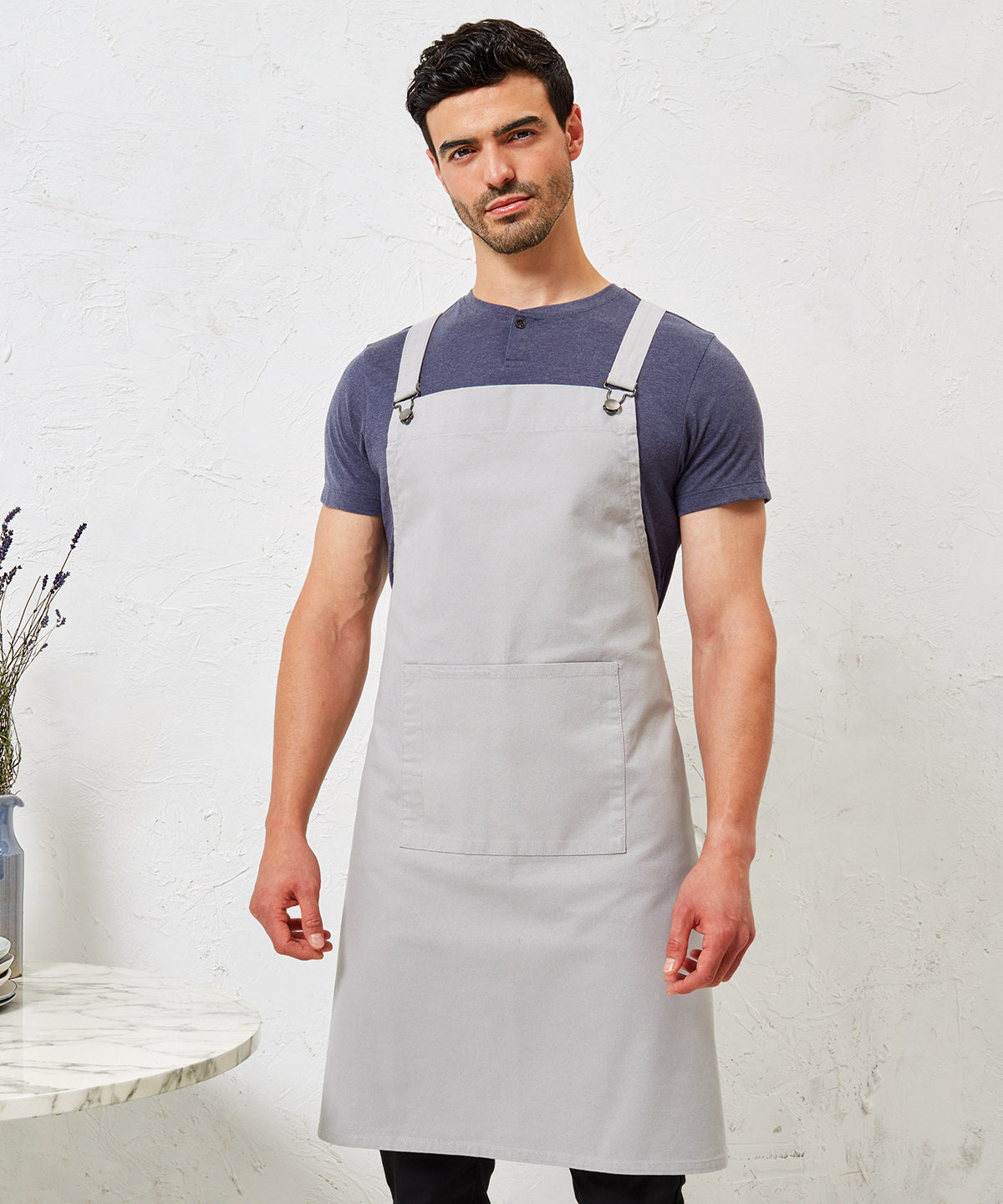 Cross back barista bib apron | indigo denim