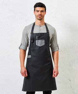 Division waxed-look denim bib apron with faux leather | black/tan denim