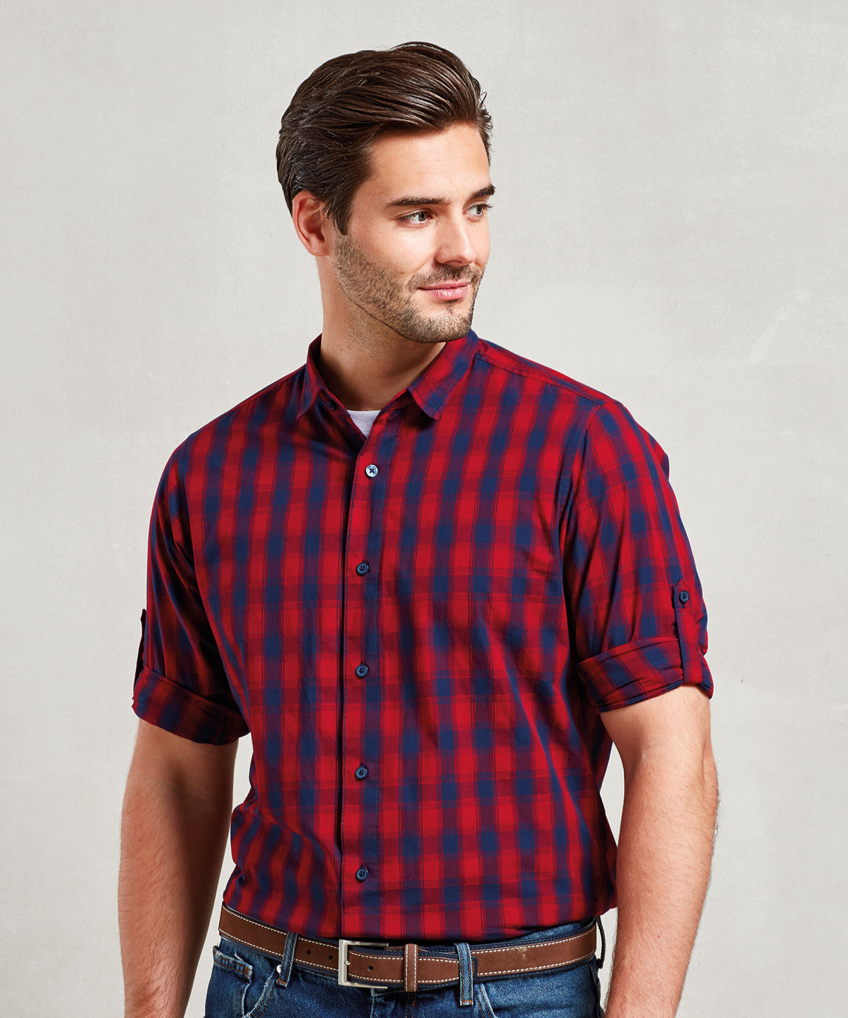 Mulligan check cotton long sleeve shirt | camel/navy