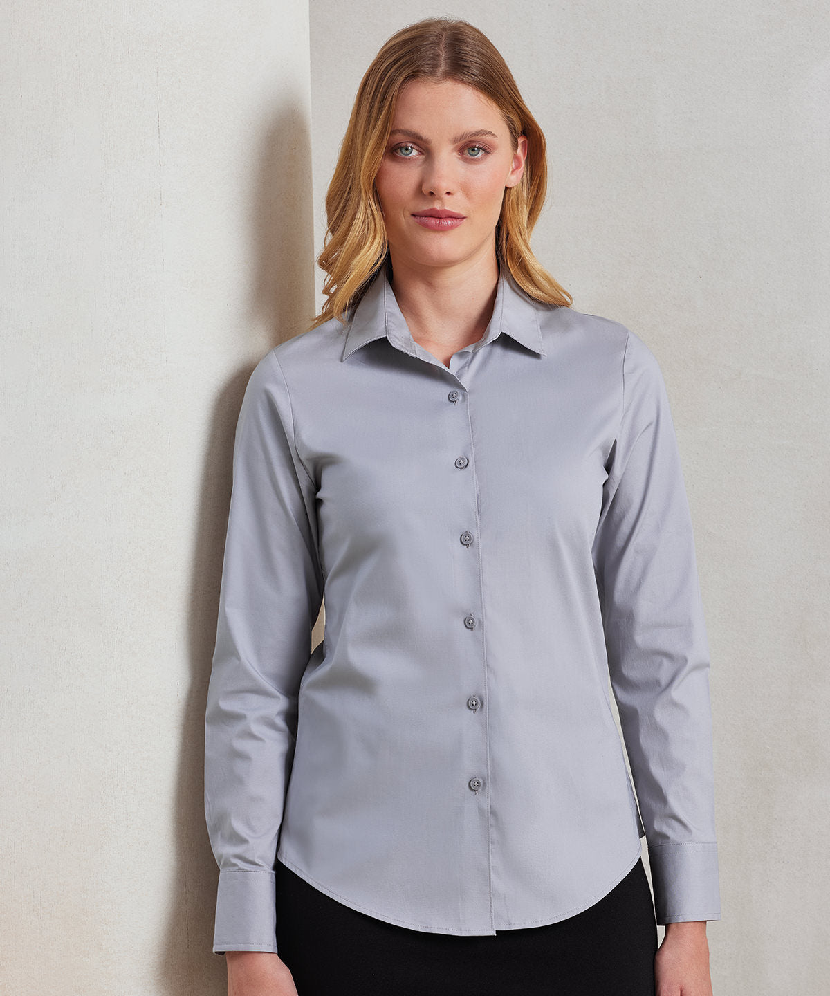 Womens stretch fit cotton poplin long sleeve blouse | silver