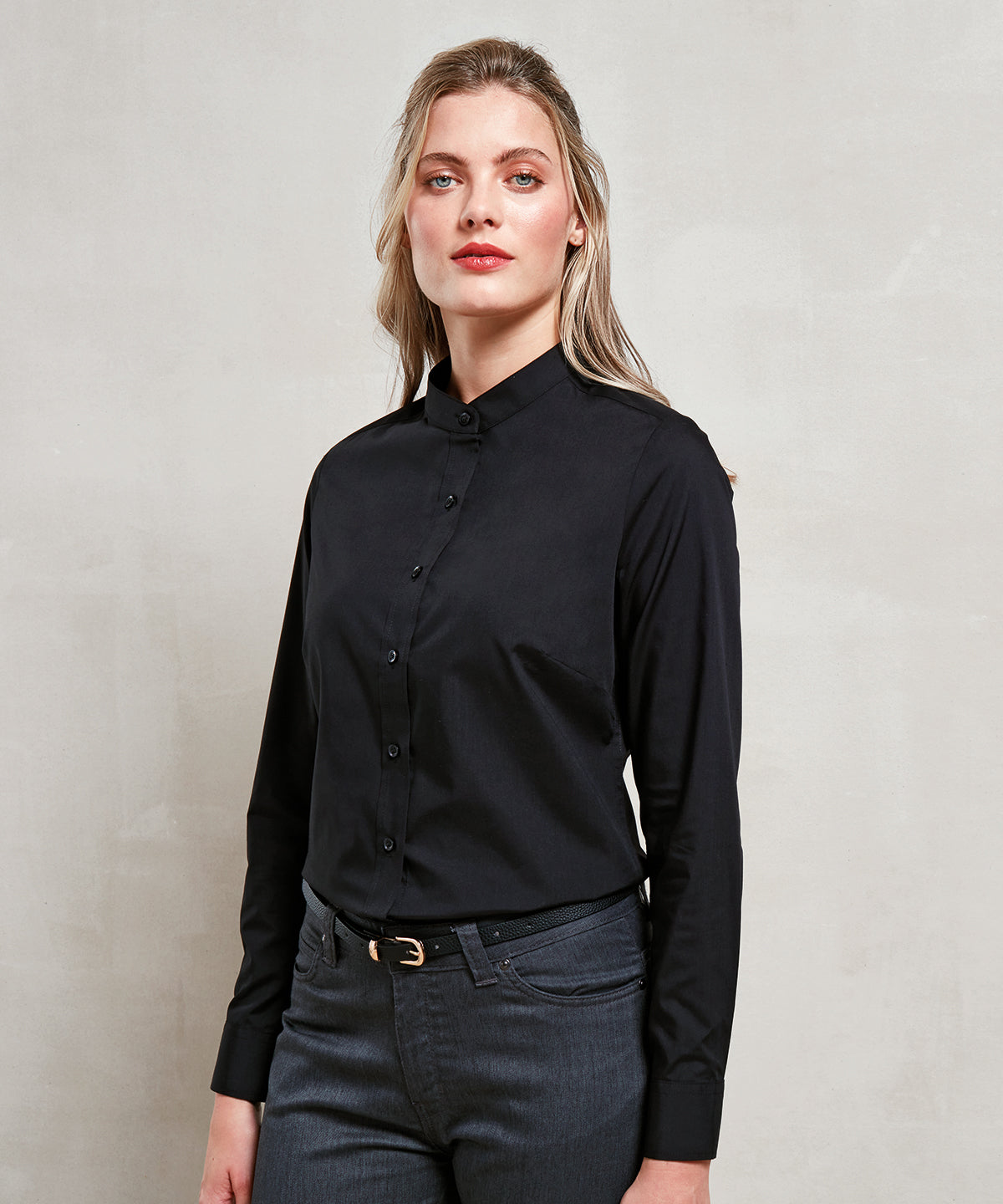 Womens banded collar grandad shirt | white