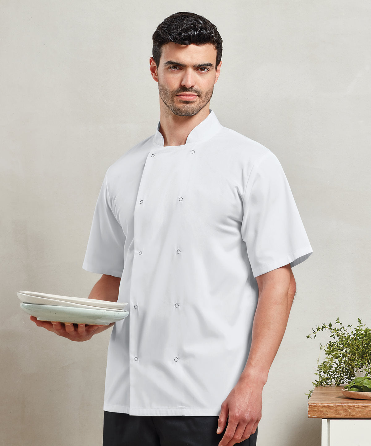 Studded front short sleeve chefs jacket | white