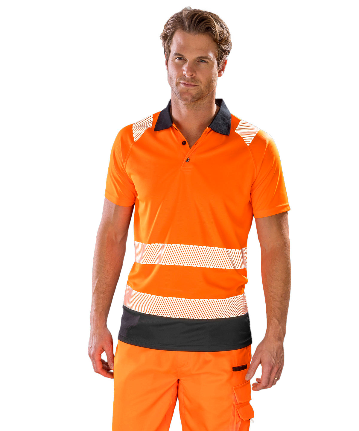 Recycled safety polo | fluorescent orange/black