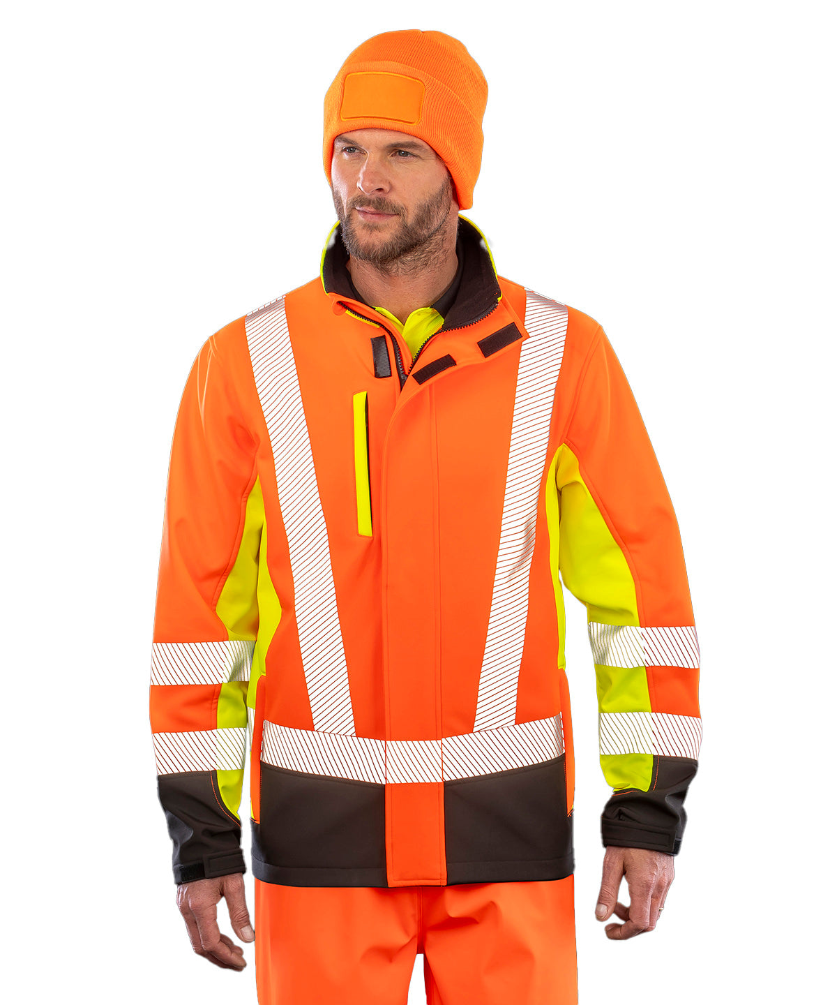 Recycled 3-layer printable 3-tone safety softshell | fluorescent yellow/fluorescent orange/black