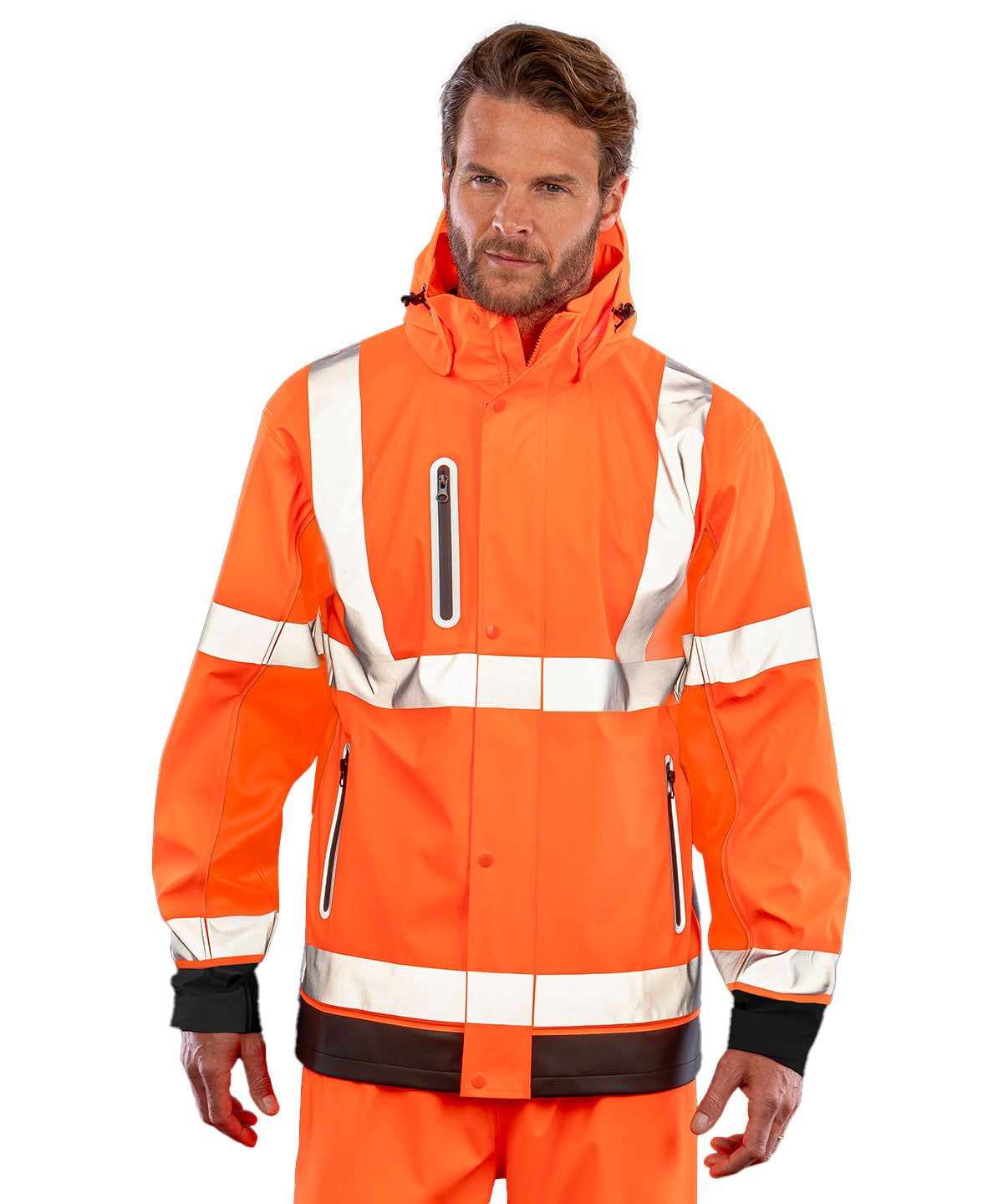 Heavy-duty prism PU safe and dry jacket with recycled backing | fluorescent orange/black