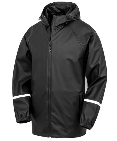 Prism PU waterproof jacket with reflective bands and recycled backing | black