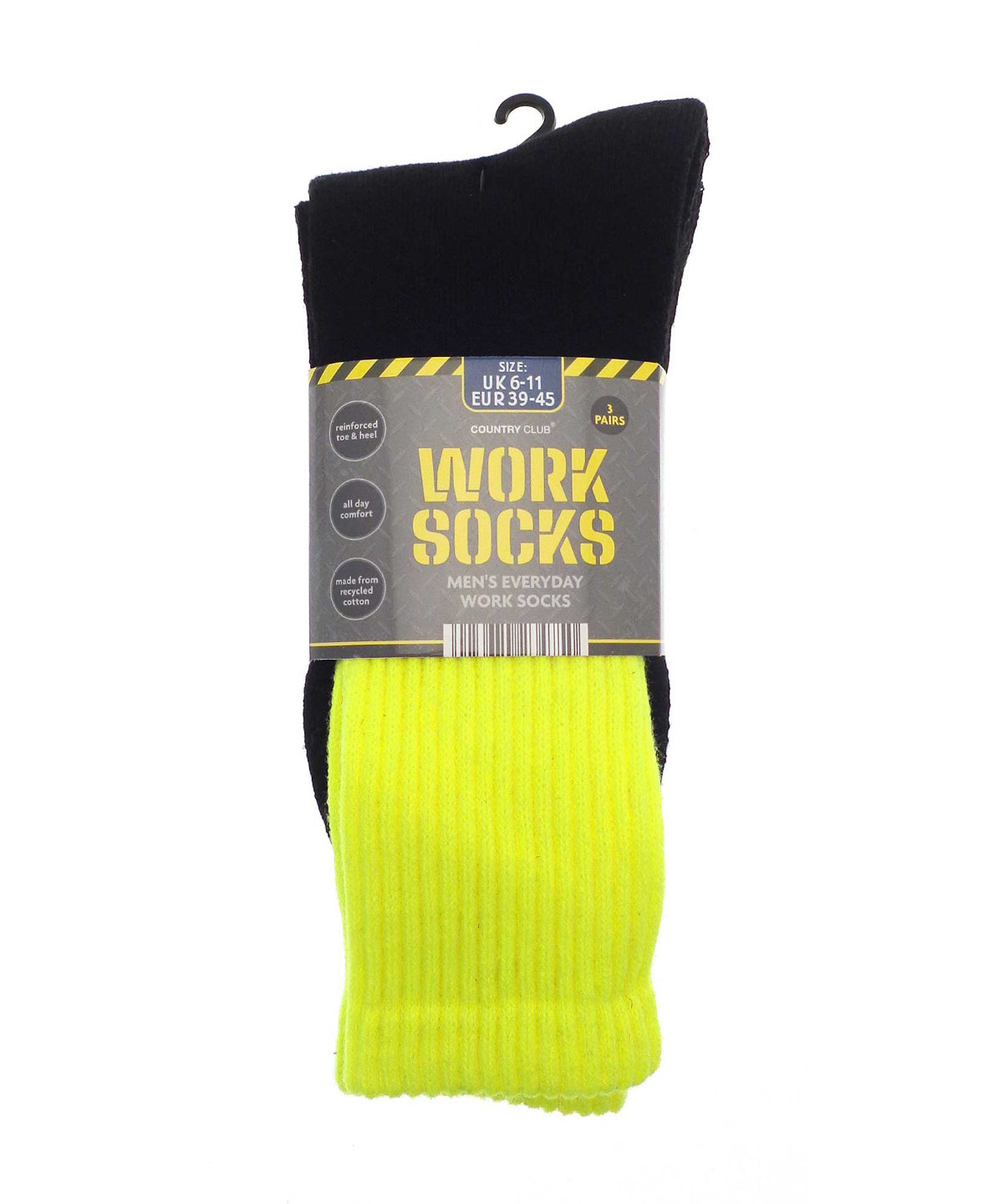 Mens 3-pack work socks (recycled cotton) | black/hi vis