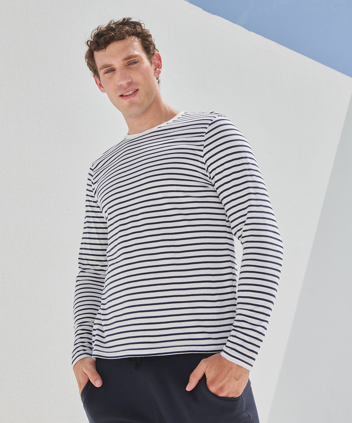 Unisex long-sleeved striped T | white/oxford navy