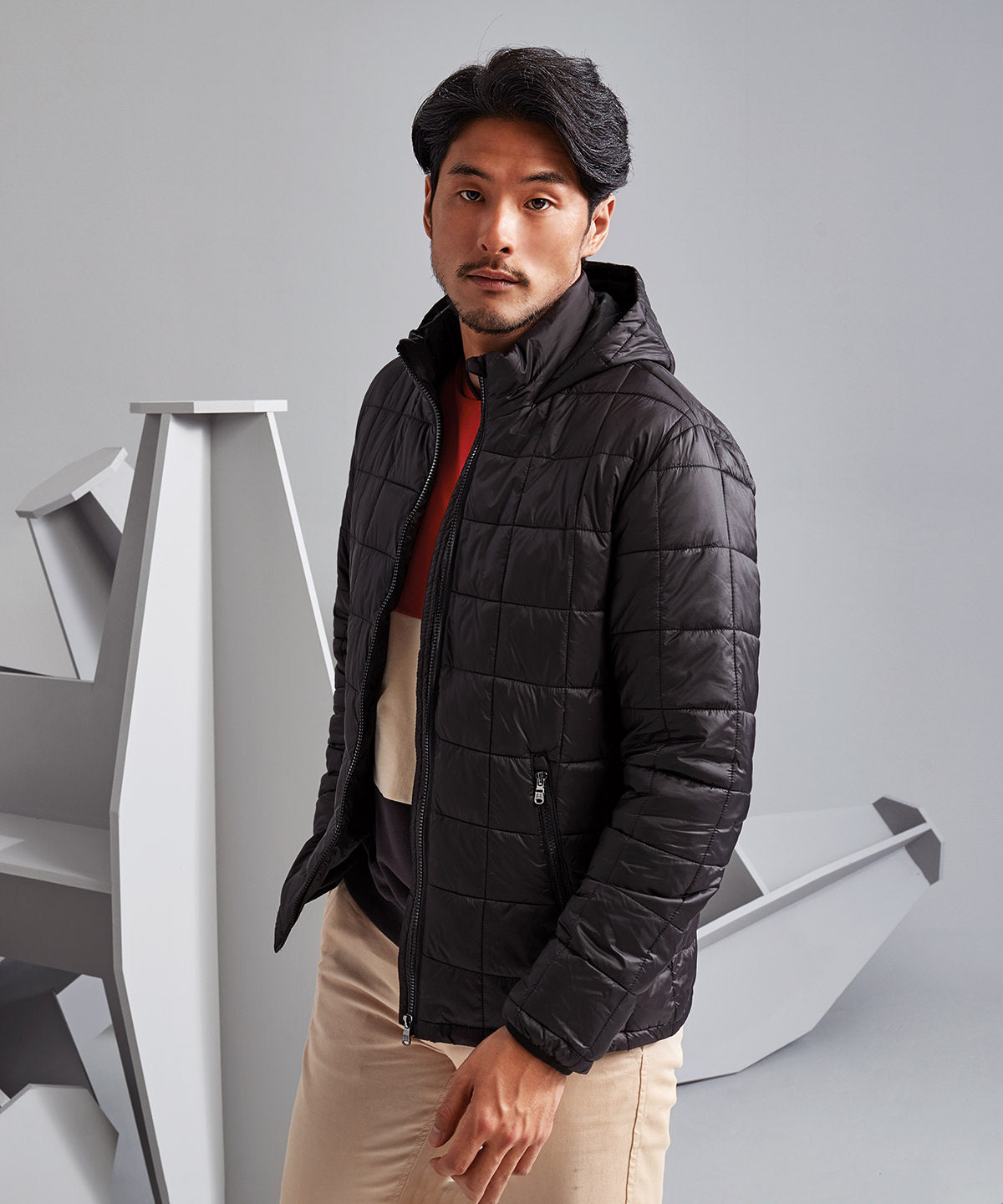 Box quilt hooded jacket | black