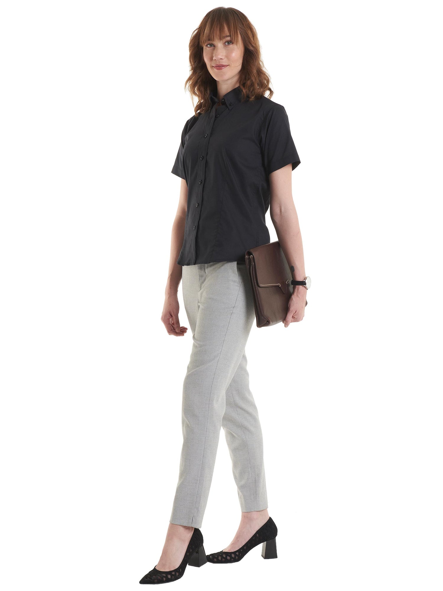 Ladies Pinpoint Oxford Half Sleeve Shirt | Black