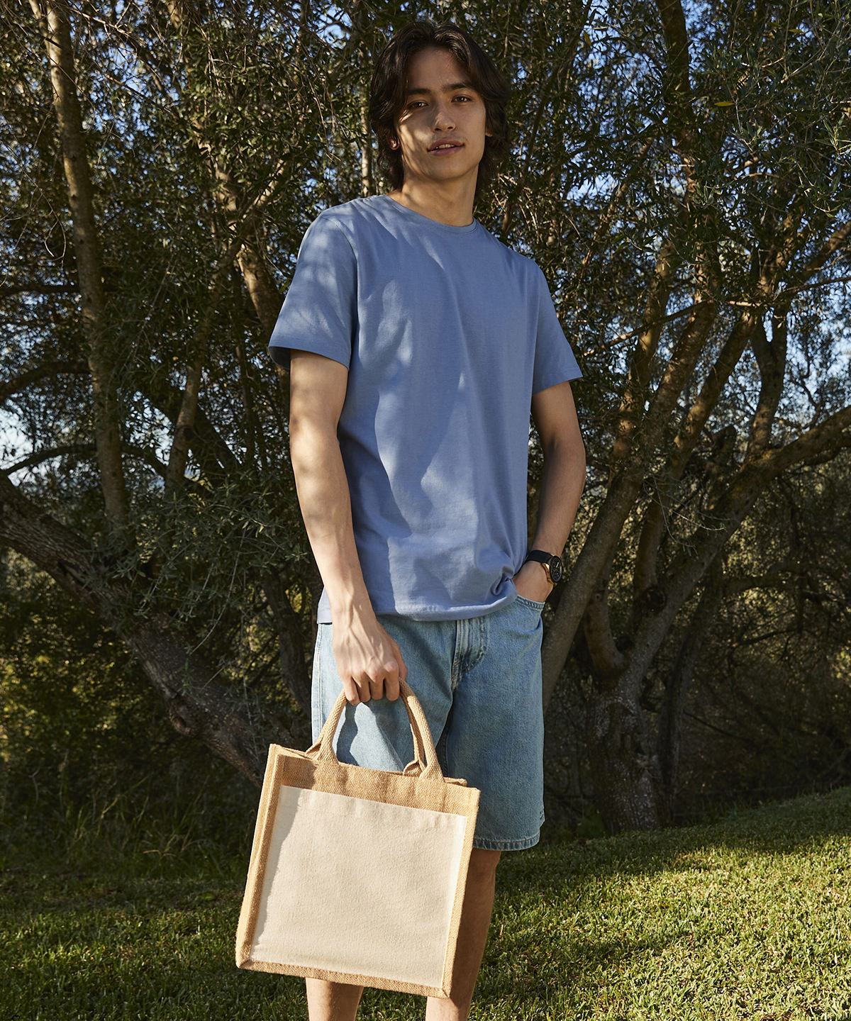 Cotton pocket jute midi tote | natural