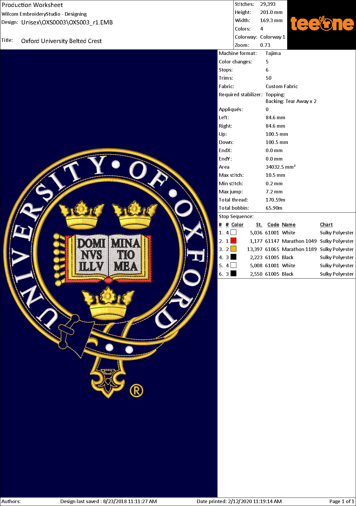 Embroidery Perfection: Design Run Sheet Displaying Colours and Stitching Information for Exquisite Embroidery Artwork