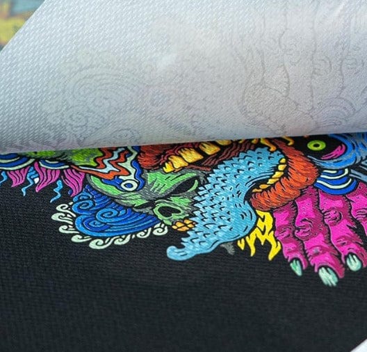 Vibrant Detailing: Close-Up of DTF Film Print, Showcasing Rich and Lively Colours in Exquisite Clarity on Black T-shirt